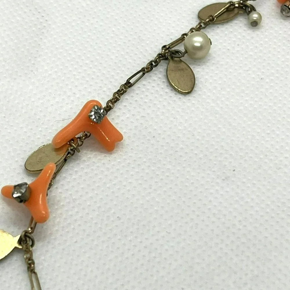 J Crew Pink Coral Like Beads Faux Pearls Rhinestones Gold Tone Necklace See Pics
